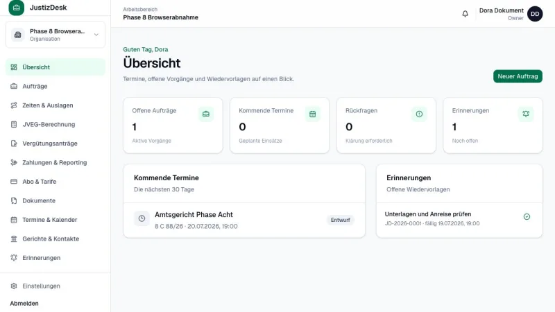 JustizDesk Übersicht für einen gerichtlichen Auftrag